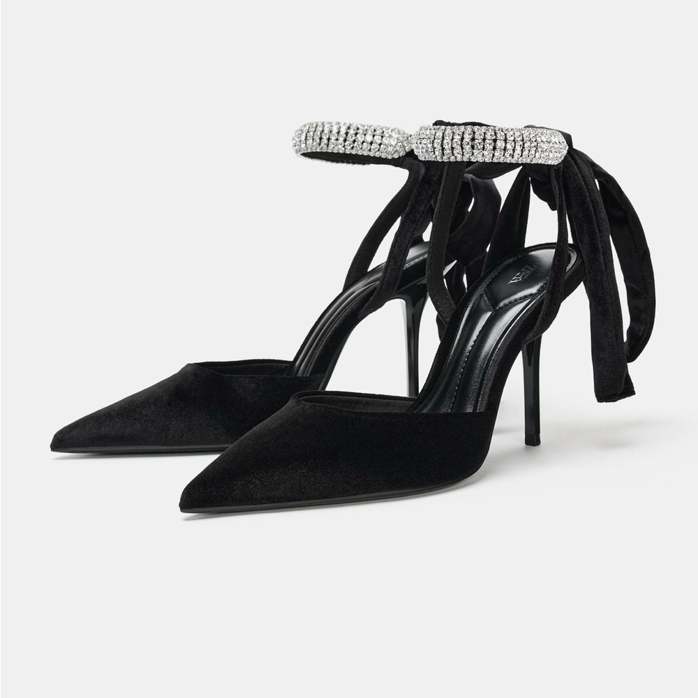 Zara Black Velvet Heels with Rhinestone Ankle Straps Size 37